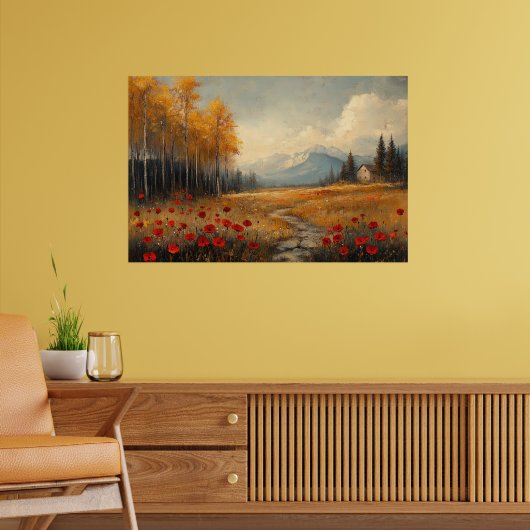 Oude herfstweide-schildering klaprozen poster (Woonkamer 2)
