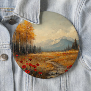 Oude herfstweide-schildering klaprozen ronde button 6,0 cm