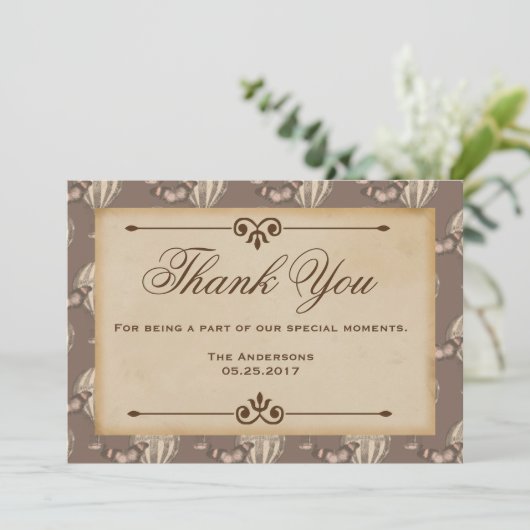 Oude heteluchtballon bruine bedankkaart (Staand voorkant)