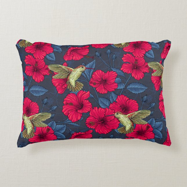 Oude Hibiscus Botanische en Kolibrie Accent Kussen (Voorkant)