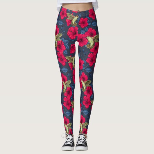 Oude hibiscus botanische en kolibrie leggings (Voorkant)