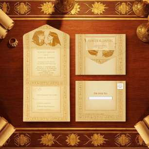 Oude Hiërogliefen Koning & Koningin Trouw Goud Fol All In One Uitnodiging