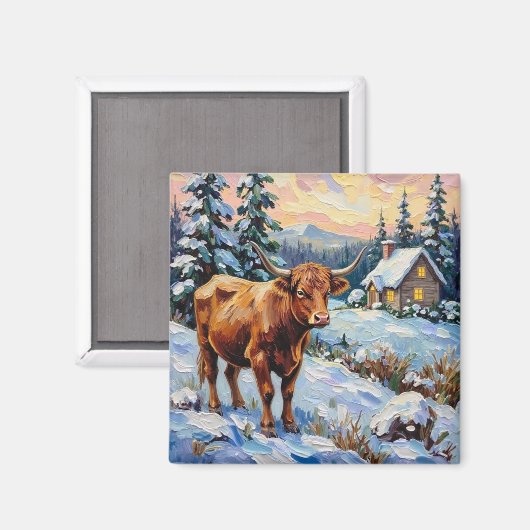 Oude Highland-koe in besneeuwde kerstweide Magneet (Voorkant / Achterkant)