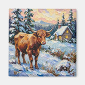 Oude Highland-koe in besneeuwde kerstweide Magneet (Voorkant)