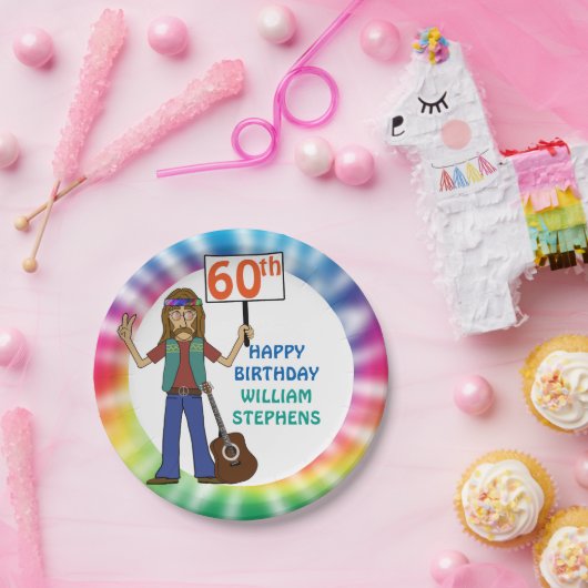 Oude Hippie Hippy Tie Dye 60th Birthday Party Papieren Bordje (Feest)