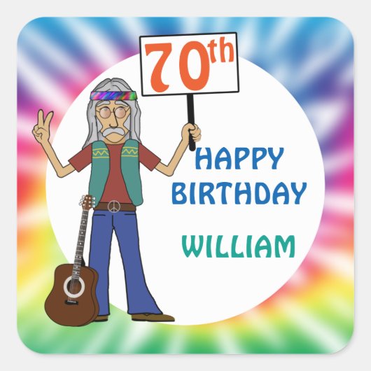 Oude Hippie Hippy Tie Dye 70th Birthday Party Vierkante Sticker (Voorkant)