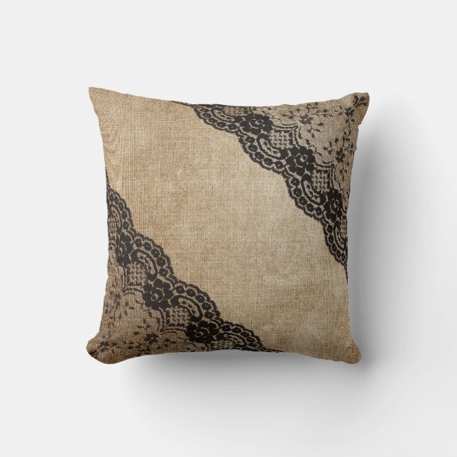 Oude hoeken van Linen en Lace Black Beige Pillow Kussen (Voorkant)