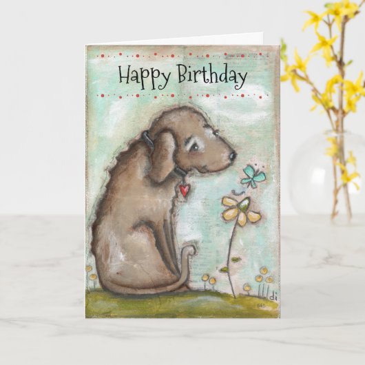 Oude Hond - de Kaart van de Verjaardag (Gele Bloem)