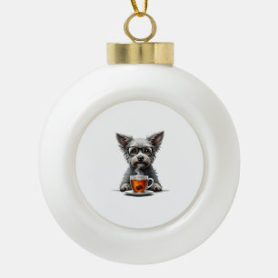 Oude hond die thee vasthoudt met bril Retro huisdi Keramische Bal Ornament