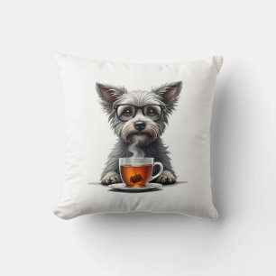 Oude hond die thee vasthoudt met bril Retro huisdi Kussen