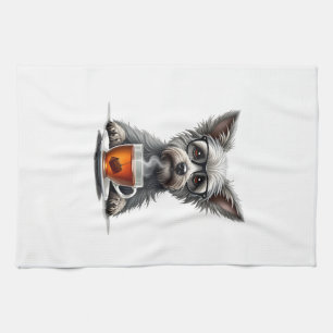 Oude hond die thee vasthoudt met bril Retro huisdi Theedoek