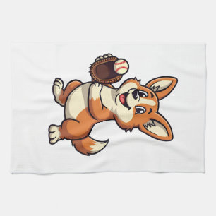 Oude Honkbal Corgi Hond Vangende Cartoon Vector  Theedoek