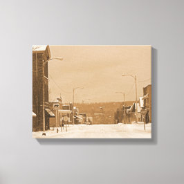 Oude hoofdstraat op het sneeuwcanvas canvas afdruk
