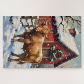 Oude Hooglandrund bij besneeuwde kerstschuur Legpuzzel (Horizontaal)