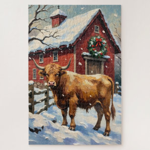 Oude Hooglandrund bij besneeuwde kerstschuur Legpuzzel