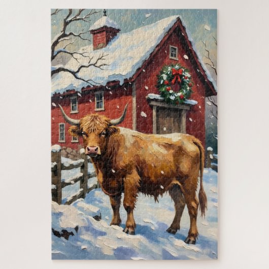 Oude Hooglandrund bij besneeuwde kerstschuur Legpuzzel (Verticaal)
