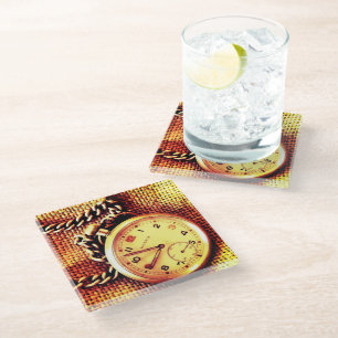 Oude horloge en ketting glazen onderzetter