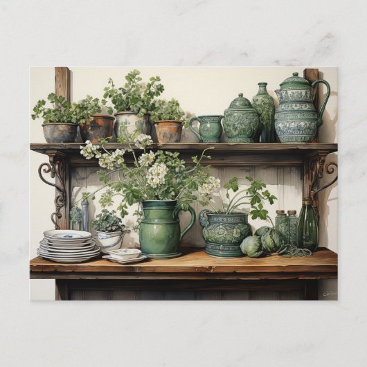 Oude Houten Keukenplank Groene Witte Gerechten Briefkaart (Voorkant)