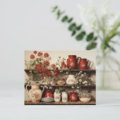 Oude Houten Keukenplank Rood Wit Keramiek Bloemen Briefkaart (Staand voorkant)