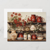 Oude Houten Keukenplank Rood Wit Keramiek Bloemen Briefkaart (Voorkant / Achterkant)