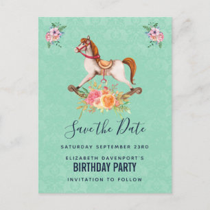 Oude Houten Schommelpaard met Bloemen Save the Dat Briefkaart
