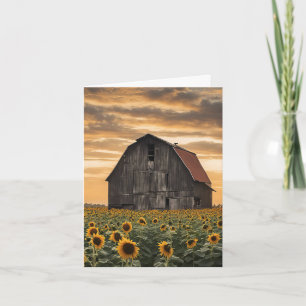 Oude houten schuur in zonnebloemen notitiekaartje