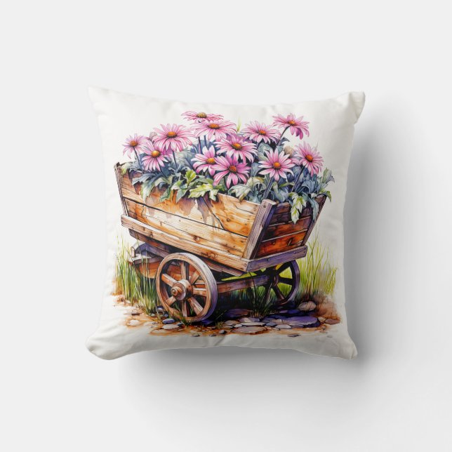 Oude houten tuinkar vol van Aster bloemen Kussen (Voorkant)
