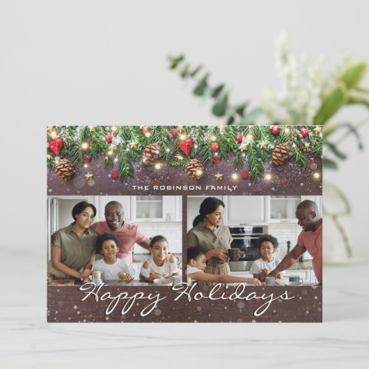 Oude houten vrolijke feestdagen 2 foto feestdagenkaart (Staand voorkant)