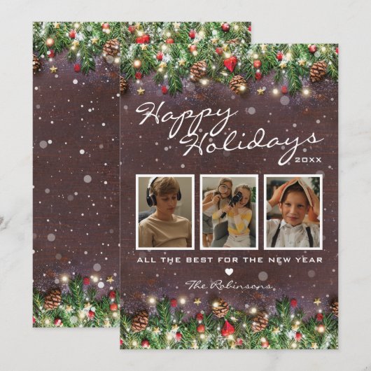 Oude houten vrolijke feestdagen 3 foto feestdagenkaart (Voorkant / Achterkant)