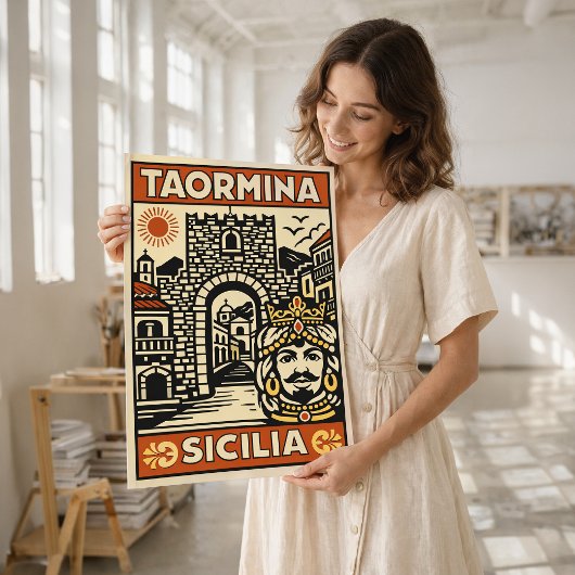 Oude Houtsnede Taormina Sicilië Poster
