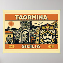 Oude Houtsnede Taormina Sicilië Poster