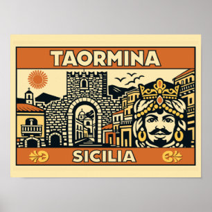 Oude Houtsnede Taormina Sicilië Poster