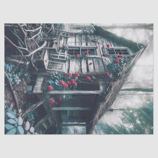 Oude Huis in de Bossen met Rozen Decoupage Tissuepapier (Voorkant)