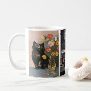 Oude huisdieren, knappe gestreepte tabby kat kitte koffiemok