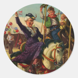 Oude humor, oma op een carrouselpaard ronde sticker