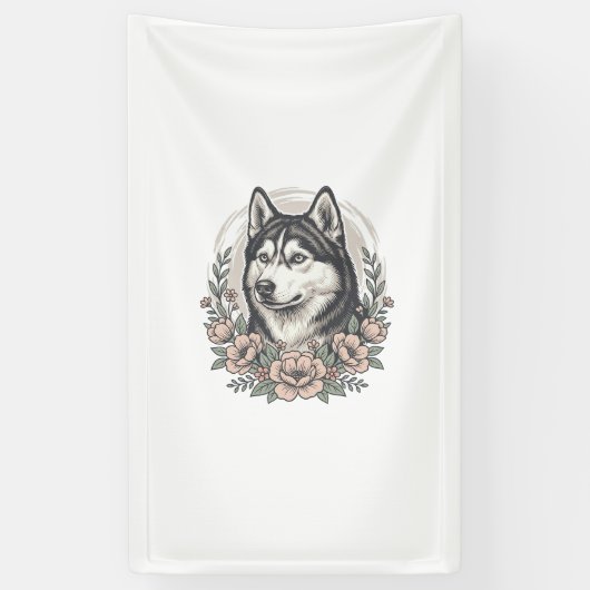 Oude Husky Bloemportret Overhemd Ontwerp_1 Spandoek (Verticaal)