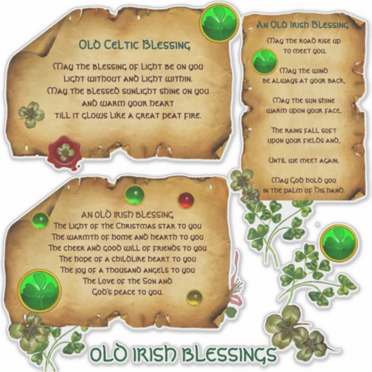 Oude Ierse Kerst Zegeningen Perkament Shamrocks Sticker (Voorkant)