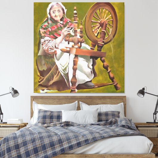 Oude Ierse vrouw die in een draaiend wiel zit Canvas Afdruk (Insitu (Slaapkamer))