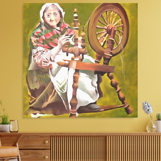 Oude Ierse vrouw die in een draaiend wiel zit Canvas Afdruk (Insitu (Woonkamer))