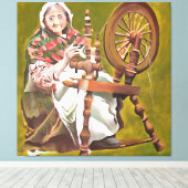 Oude Ierse vrouw die in een draaiend wiel zit Canvas Afdruk (Insitu (Houten vloer))