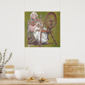 Oude Ierse vrouw die in een draaiend wiel zit Poster (Keuken)