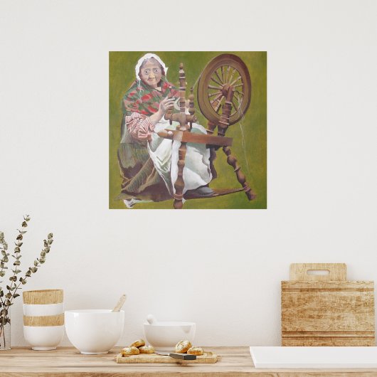 Oude Ierse vrouw die in een draaiend wiel zit Poster (Keuken)