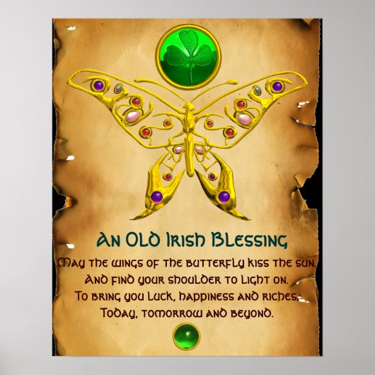 Oude Ierse Zegen Pergament met Gouden Vlinder Poster (Voorkant)