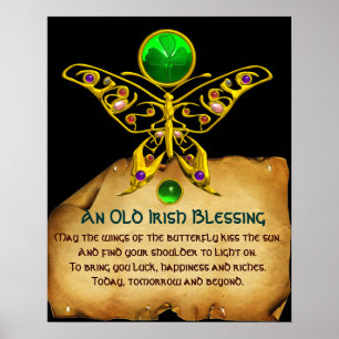 Oude Ierse Zegen Pergament met Gouden Vlinder Poster
