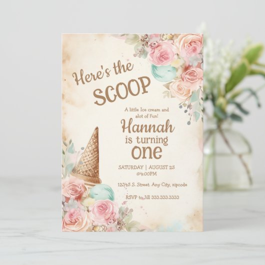 Oude ijscreatie, bloemen en ijshoorntje kaart (Staand voorkant)