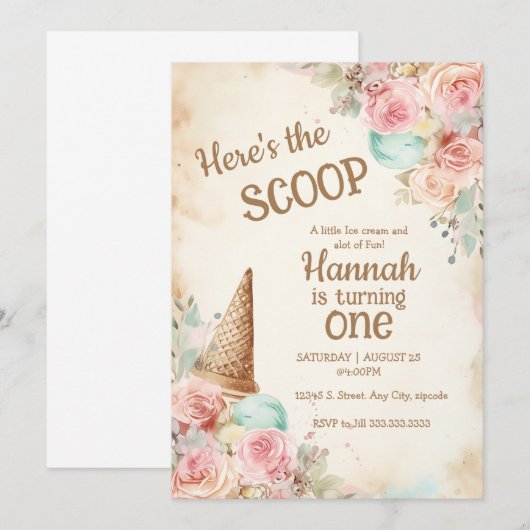 Oude ijscreatie, bloemen en ijshoorntje kaart (Voorkant / Achterkant)