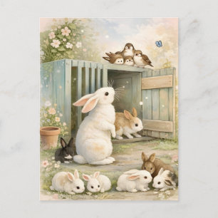 Oude illustratie van konijnen tuin   Cottagecore Briefkaart