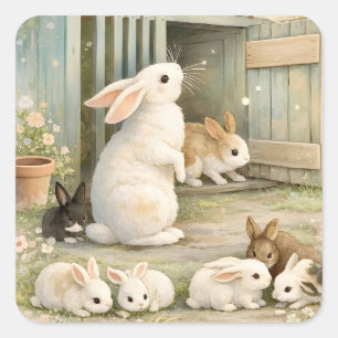 Oude illustratie van konijnen tuin Cottagecore Vierkante Sticker