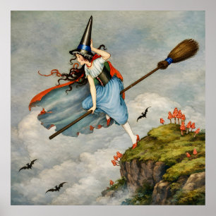 Oude illustratie van vliegende heks Cottagecore Poster