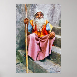 Oude Indiase man met staf Poster